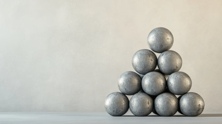 A visually striking arrangement of silver spheres formed in a pyramid shape against a soft neutral backdrop, highlighting elegance and simplicity.の素材