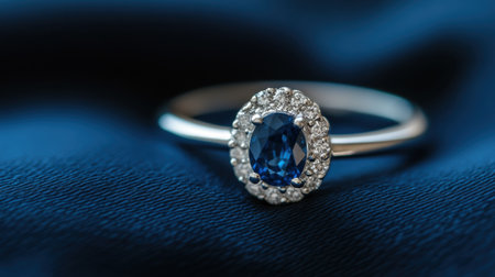 This stunning sapphire ring features a central blue stone surrounded by shimmering diamonds, set in elegant silver. Perfect for engagements or special occasions.の素材