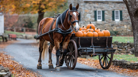 A charming horse-drawn cart filled with pumpkins travels down a picturesque rural road surrounded by colorful autumn leaves and rustic buildings.の素材