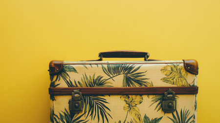 This image features a vintage suitcase adorned with a tropical leaf design against a bright yellow background, perfect for travel-themed projects and summer vibes.の素材
