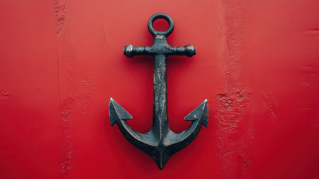 This striking image features a black anchor against a bold red background, capturing the essence of maritime adventures and symbolism of stability.の素材