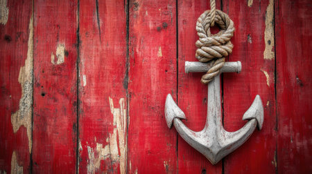 This image features a rustic wooden anchor with a rope, hanging against a vibrant red wooden backdrop, perfect for any nautical or maritime-themed decor.の素材