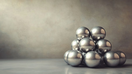 This image captures reflective metallic spheres arranged in a pyramid formation against a subtle textured background, showcasing modern and minimalistic design.の素材