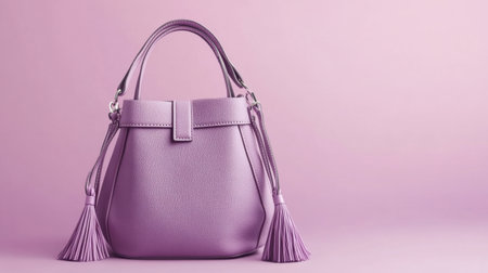 A stylish lavender leather handbag featuring elegant tassels, presented against a soft pastel pink backdrop, perfect for fashion promotions and product displays.の素材