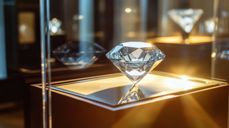 A stunning diamond radiates brilliance and charm, beautifully showcased under gentle lighting in an elegant museum display. This captivating image highlights the diamond's unique facets and clarity, creating a sense of luxury and allure.の素材