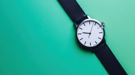This elegant minimalist watch features a classic round face and sleek black leather strap, perfect for enhancing fashion and design projects with a vibrant green background.の素材