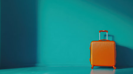 A bright orange suitcase stands against a turquoise wall in a minimalist setting, casting intriguing shadows in the light. Perfect for travel themes.の素材
