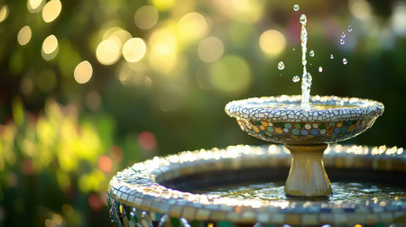 A stunning fountain surrounded by vibrant garden plants, displaying a gentle water splash. The soft bokeh background enhances the serene atmosphere, perfect for relaxation and tranquility in nature.の素材