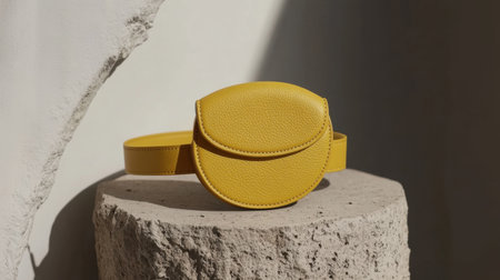 Elegant yellow leather belt bag rests on a stone pedestal, showcasing a blend of modern design and natural textures in a minimalist setting.の素材