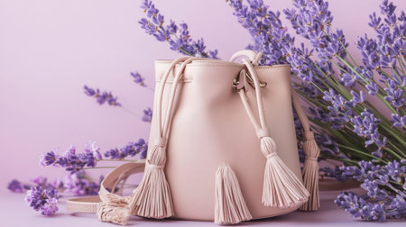 A stunning pastel handbag featuring elegant tassels set against a backdrop of fresh lavender flowers, creating a serene and stylish atmosphere. Perfect for fashion lovers.の素材
