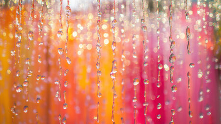 This image captures the beauty of cascading water droplets against a vibrant, colorful background, creating an enchanting bokeh effect that highlights the play of light and texture.の素材