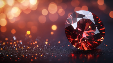 This stunning close-up image showcases a brilliant red gemstone surrounded by a warm bokeh background, creating an elegant and luxurious feel.の素材