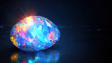 A stunning multicolored gemstone glimmers with vibrant hues and reflections, set against a dark background. The light flare enhances its beauty.の素材