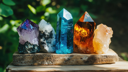 A beautiful arrangement of vibrant natural crystals in various colors placed on a rustic wooden surface, illuminated by soft natural light, showcasing their unique shapes and details.の素材