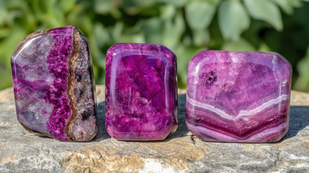 A captivating arrangement of three polished purple stones showcasing unique patterns and textures on a natural rock surface, perfect for nature lovers.の素材