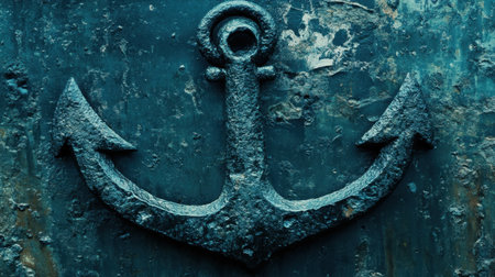 A close-up image of a rusty anchor on a worn metal surface, highlighting intricate details and textures. This artwork captures the essence of maritime culture and history.の素材