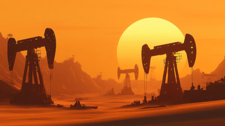 A stunning landscape featuring oil pumps silhouetted against a vibrant sunset sky. This image captures the intersection of industry and nature, showcasing the oil extraction process in a dramatic and visually striking manner.の素材