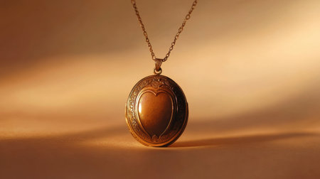 A stunning vintage locket pendant featuring a heart-shaped design and intricate detailing. The piece hangs elegantly from a delicate chain, ideal for romantic gifts.の素材