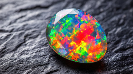 A stunning opal gemstone showcases a captivating play of colors, radiating brilliance against a textured dark rock background, perfect for showcasing natural beauty.の素材