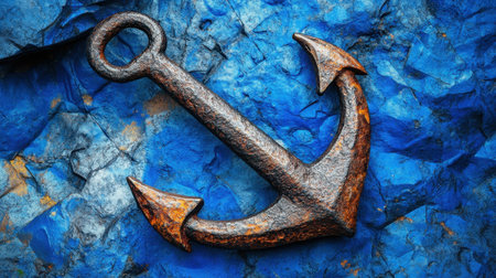 This image features a close-up of a rusty anchor set against a vivid blue background, highlighting its historical and nautical significance while showcasing texture.の素材