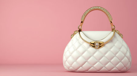 This image showcases a luxurious white handbag with intricate details on a soft pink background, highlighting elegance and fashion. Perfect for showcasing style and sophistication.の素材