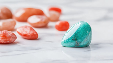 A stunning polished turquoise stone stands out among an arrangement of orange stones, set against a light marble background, highlighting nature's beauty.の素材