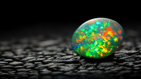 This exquisite opal gemstone displays a mesmerizing array of vibrant colors, glimmering beautifully against a dark, textured background, ideal for art and nature enthusiasts.の素材