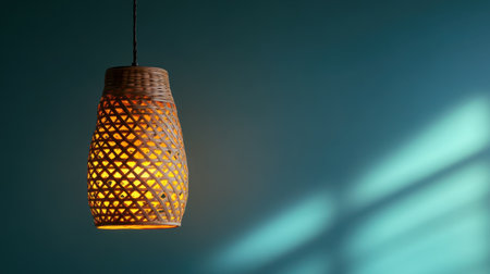 This image showcases a beautifully handcrafted rattan pendant light against a serene blue wall, adding warmth and elegance to modern interior spaces.の素材