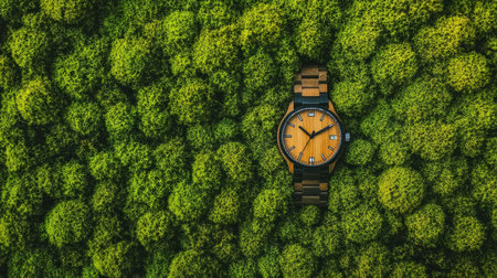 A stylish orange watch rests on a lush green moss background, showcasing its earthy tones and elegant design, perfect for nature-inspired themes.の素材