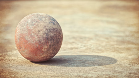 A rustic and weathered ball rests gently on a textured outdoor surface, casting a soft shadow in warm sunlight, evoking a sense of nostalgia and simplicity.の素材