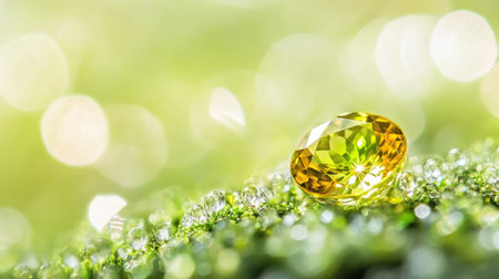 A stunning yellow gemstone placed delicately on vibrant green moss, adorned with sparkling dew drops. The soft focus background enhances the captivating beauty of nature, showcasing intricate details and a serene atmosphere. Perfect for themes of elegance and tranquility.の素材