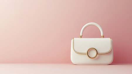 This image showcases an elegant white handbag, perfectly placed against a soft pink background. The minimalistic design features a round gold accent, highlighting a contemporary style. Ideal for fashion and accessory themes.の素材