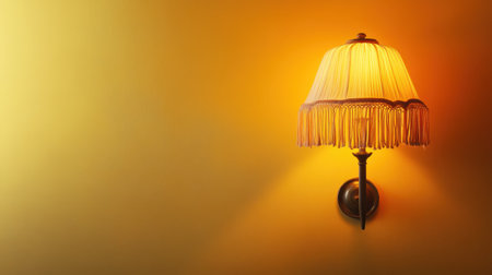A beautifully designed vintage wall lamp emits a warm glow against a soft yellow backdrop, creating a cozy and inviting atmosphere perfect for any interior space.の素材