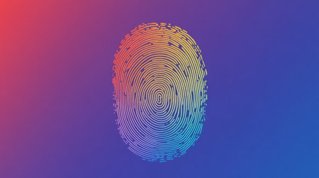 A stunning conceptual image featuring a colorful fingerprint design on a vivid abstract background, symbolizing identity, security, and technology innovation.の素材