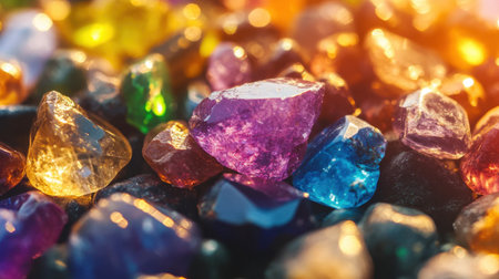 A vibrant assortment of colorful gemstones set against a blurred background, showcasing their unique shapes and textures, illuminated by natural light.の素材