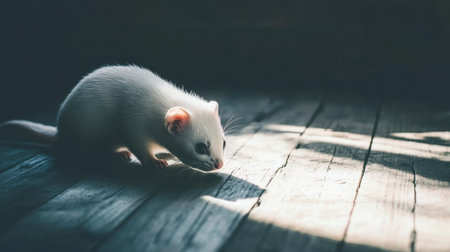 A charming white ferret is captured in a moment of exploration, featuring soft natural light and shadows across a wooden floor, creating an aesthetic scene.の素材