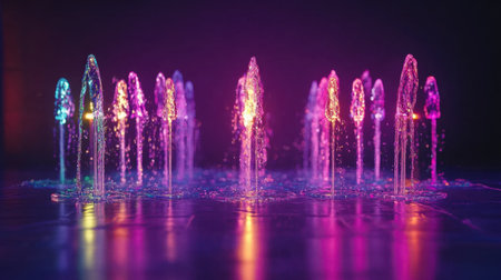 A mesmerizing water fountain display featuring vibrant lights and colorful sprays creates a captivating atmosphere at night. An artistic blend of illumination and movement invites relaxation and enjoyment.の素材