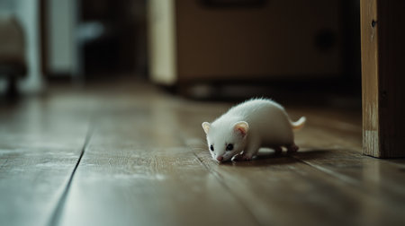 A playful small white animal gently explores a wooden floor in a serene indoor setting, capturing a moment of curiosity and charm in its environment.の素材