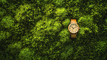 A stunning wooden watch elegantly rests on a bed of vibrant green moss, showcasing the seamless fusion of nature and fashion in this captivating composition.の素材