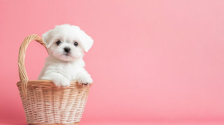 This charming image features an adorable white puppy sitting in a woven basket against a soft pink background. Perfect for pet lovers and cheerful themes.の素材