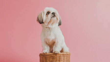 This charming image features a small white dog sitting gracefully on a basket against a soft pink background, showcasing its adorable personality and curious expression.の素材