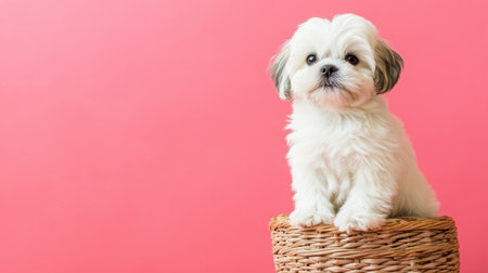 This charming image features an adorable puppy sitting atop a woven basket, highlighted against a bright pink background. Its fluffy coat, curious expression, and playful demeanor add a touch of joy and warmth to any space.の素材