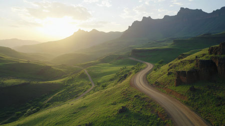 A breathtaking view of a winding mountain road surrounded by vibrant greenery, illuminated by a stunning golden sunset. This serene landscape captures the essence of nature's beauty.の素材