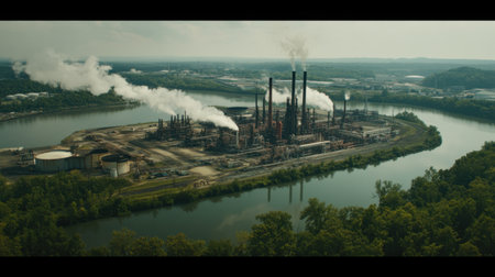 An aerial view showcases an industrial complex by a river, surrounded by trees and greenery, with smoke rising from tall smokestacks, illustrating manufacturing and environmental themes.の素材