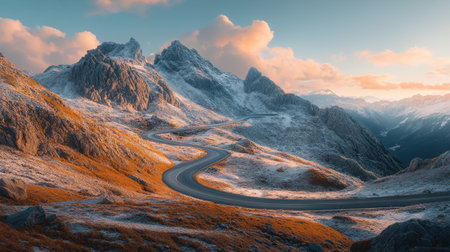 Explore the breathtaking beauty of a serene mountain landscape at sunset, featuring a winding road through snowy terrain and majestic peaks.の素材