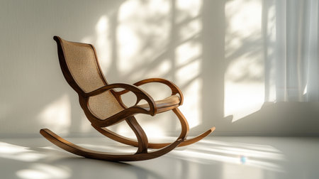 A stylish wooden rocking chair sits gracefully in a sunlit room, surrounded by soft shadows that create a calming atmosphere. The minimalist design emphasizes relaxation and comfort, making it an ideal choice for any home.の素材