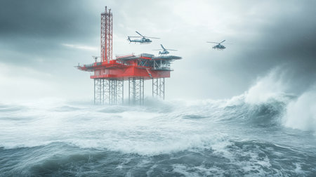 This striking image showcases an offshore oil rig surrounded by tumultuous waves and stormy skies, with helicopters flying overhead, highlighting the enormity of nature's power and the resilience of industrial operations at sea.の素材