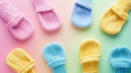 This image showcases a delightful arrangement of colorful knit slippers in soft pastel shades, perfect for enhancing cozy home decor and comfort.の素材