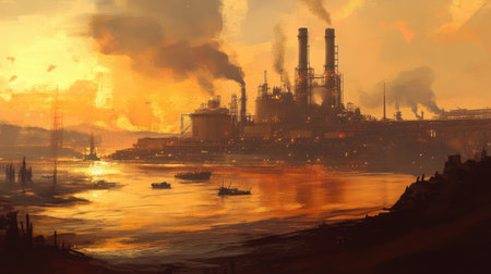 A breathtaking view of an industrial landscape at sunset, featuring smoke stacks, boats on the river, and vibrant colors reflecting on the water.の素材