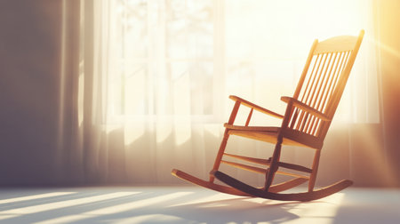 A beautiful scene featuring a wooden rocking chair bathed in warm morning light. The sunlight creates a tranquil atmosphere, emphasizing cozy simplicity.の素材